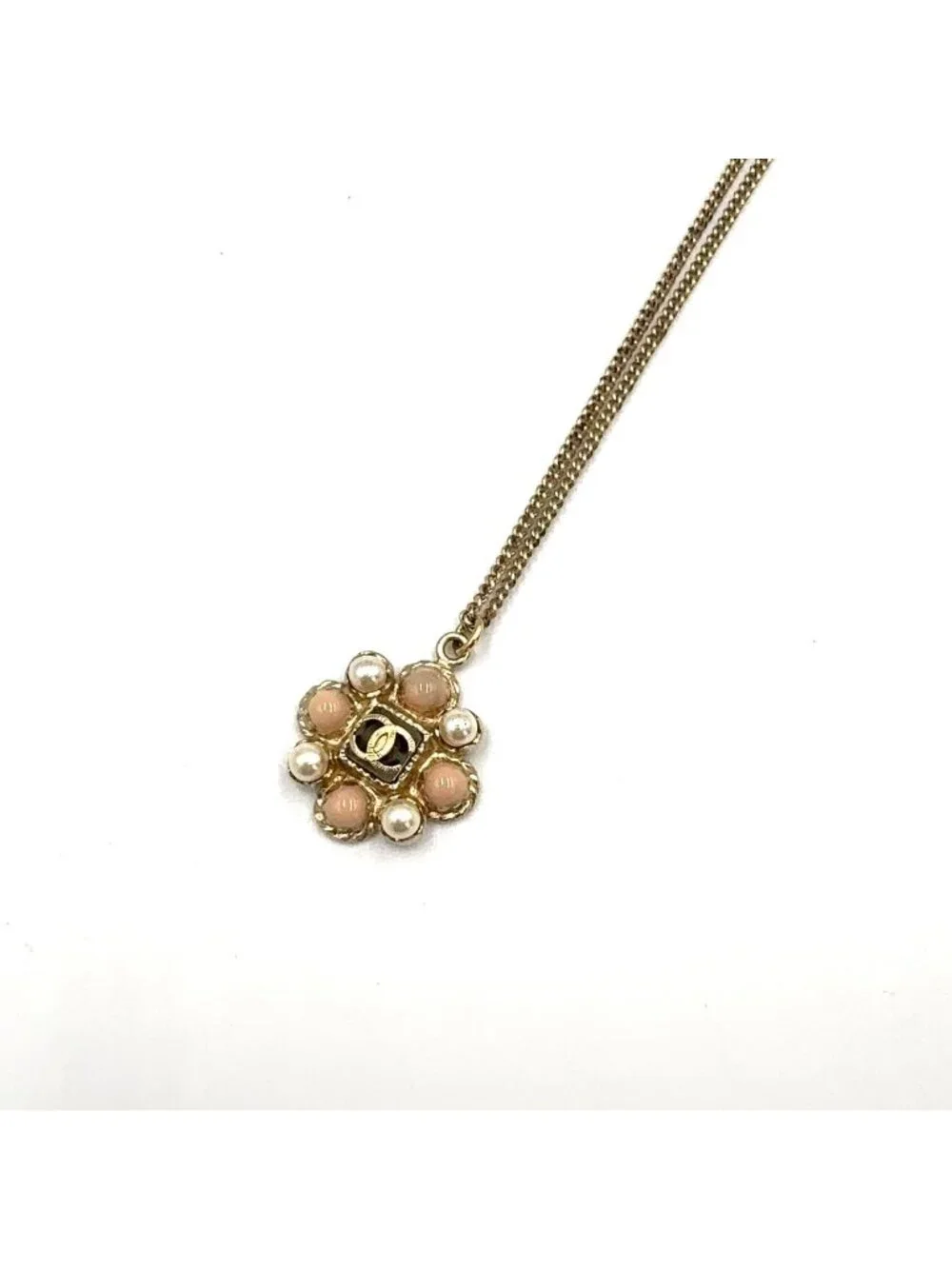 Chanel CC Logo Flower Motif Faux Pearl Color Stone Gold Pink White Necklace